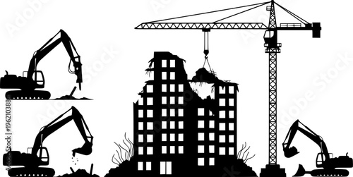 Collection of solid black silhouettes featuring building demolition, construction cranes, and heavy excavators in action isolated on white.
