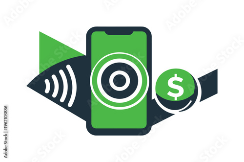 Minimalist geometric vector composition representing digital payment and fintech: a bold smartphone shape at center with a single tap ripple ring expanding from