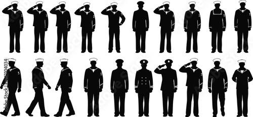 Navy sailor silhouettes collection military personnel saluting standing walking uniformed seaman figures isolated black vector set diverse poses illustration