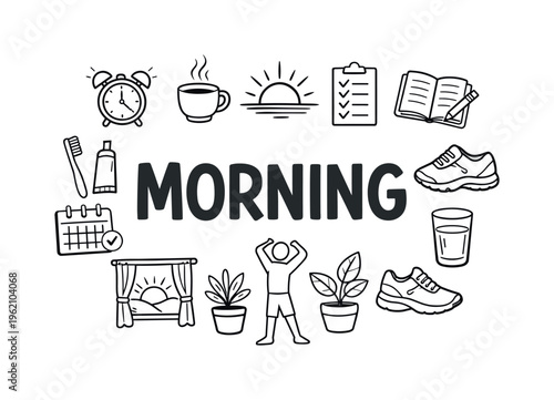 Morning routine and productive start of the day concept centered on building positive habits, organizing tasks, and preparing mentally and physically for daily activities. MORNING