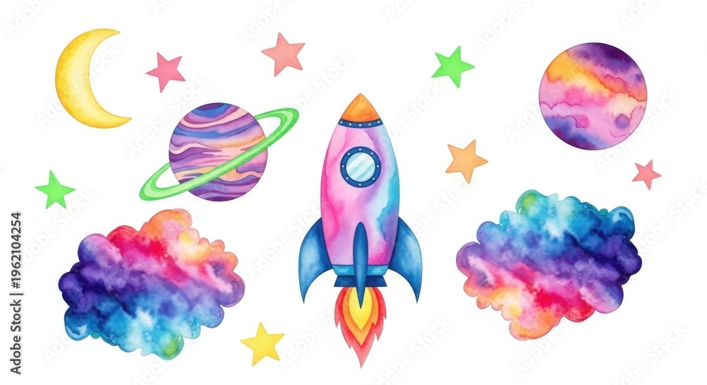 Fototapeta premium Colorful Space Themed Watercolor Illustration with Cosmic Galaxy Background with Planets and Stars.