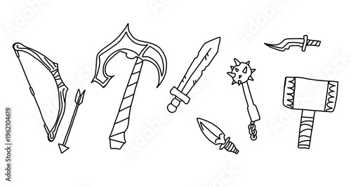 Medieval fantasy weapon doodle set with bow, axe, sword, flail, dagger, and hammer. Hand drawn rpg or dnd equipment asset bundle in simple line art style