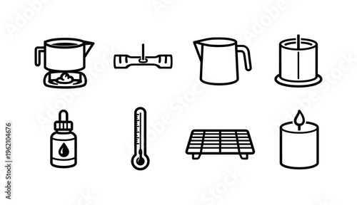 Candle making process: wax melting pot, wick holder, pouring pitcher, candle mold, fragrance oil bottle, thermometer, cooling rack, finished candle