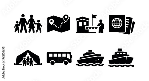 Human migration journey: family group, walking people, map route, border checkpoint, visa document, temporary shelter, transport bus, ship