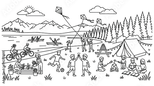 Summer camp line art background with mountains, trees, river and people.