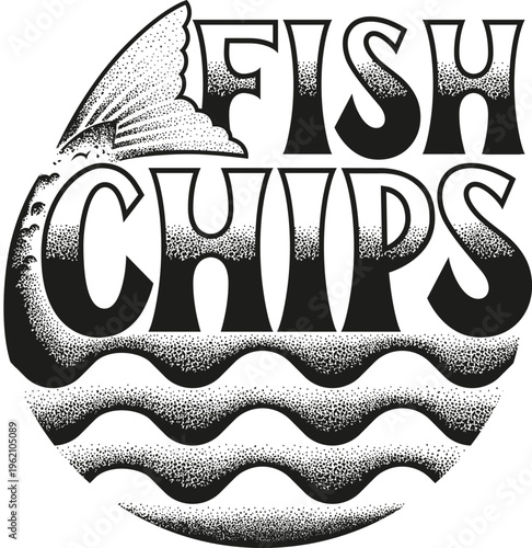 Vintage style Fish and Chips logo or icon. Retro seafood badge featuring a fish tail, ocean waves, and classic lettering. Black and white isolated vector illustration for menu in restaurant, bar, cafe