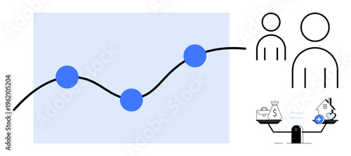 Data trends. Data trends through a rising chart line, demographic icons, and financial balance symbols. Data trends for analytics, market research, decision-making, and business strategy. Key