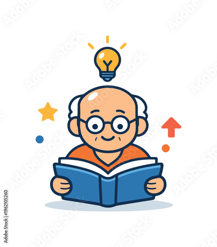 Lifelong learning and personal development in older adulthood emphasizing active minds and continuous education, an elderly human figure reading an open book with a small lightbulb