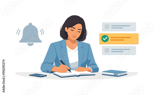 A smart notification management and digital focus concept featuring a composed professional organizing priorities beside a simple muted bell icon and a single highlighted task card