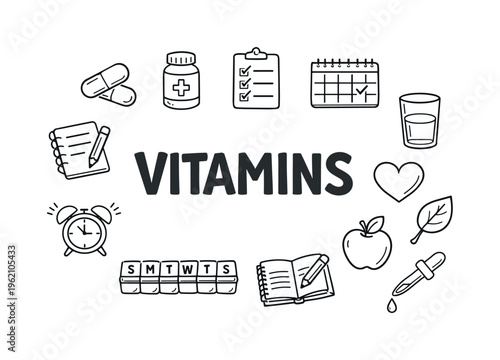 Simple daily vitamin intake and supplement routine concept focused on maintaining health, organizing doses and supporting overall wellness through consistent