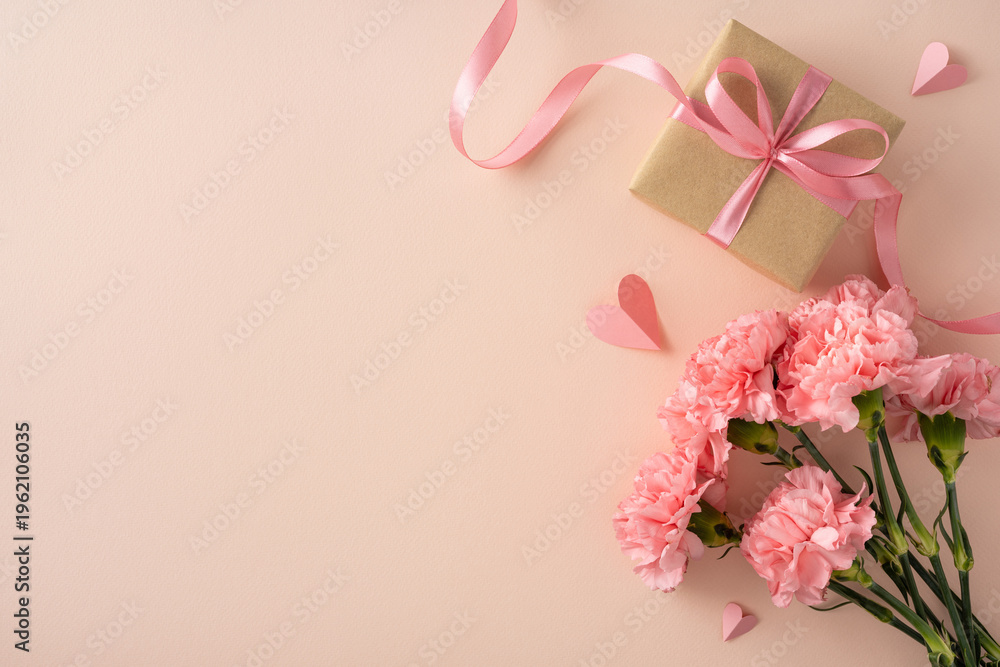 Fototapeta premium Happy Mother's Day concept featuring pink carnations, a wrapped gift with satin ribbon and paper hearts on a soft peach background ideal for cards and social media visuals