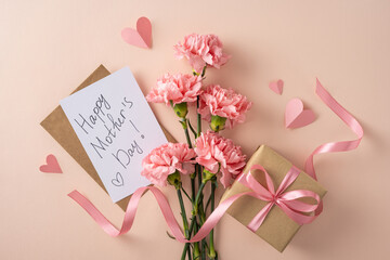 Handwritten Happy Mother's Day card with pink carnations, kraft gift box tied with ribbon and paper hearts on a soft pastel background evoking love, tenderness, celebration and feminine charm