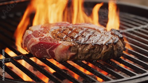 Juicy steak sizzling on a hot grill over open flames, perfect for a barbecue or outdoor cooking experience