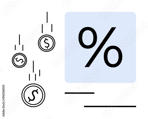 Economic trends, finance management, interest rates, cost analysis, investments, and loans. Falling dollar coins and percentage sign. Financial trends and interest rates concept