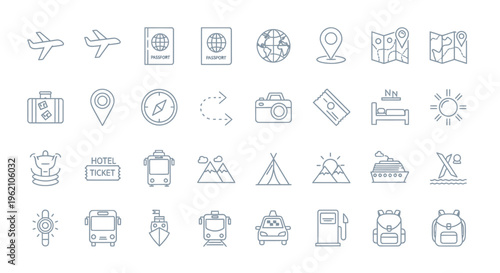 Travel and tourism line icons set, journey and vacation symbols.