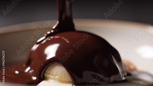 Pouring Dark Chocolate Sauce Over a Creamy Scoop of Vanilla Ice Cream in a Bowl Close-Up
