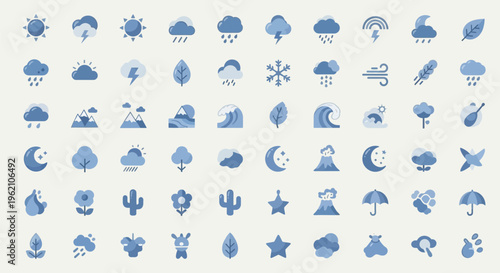 Weather and nature icons set with sun, clouds, rain, moon, and stars.