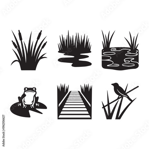 Black Marsh Silhouette Vector Icons Featuring Cattails Frog Heron And Pond Scenery.