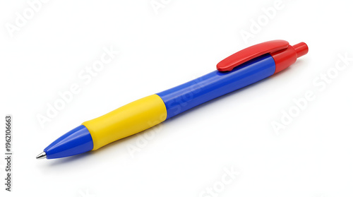 Three red and blue ballpoint pens isolated on a white background for office and school use 2026