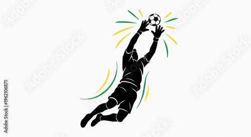 Goalkeeper Jump Catch Line Art Vector Soccer Silhouette Green Yellow
