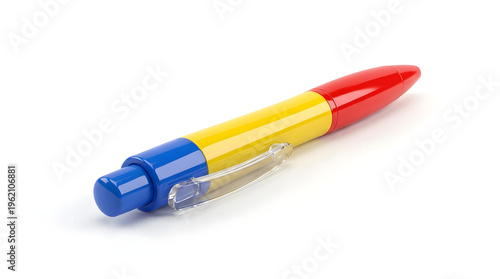 Three colored markers with red and blue pens isolated on a white background for office, school, and drawing use 2026