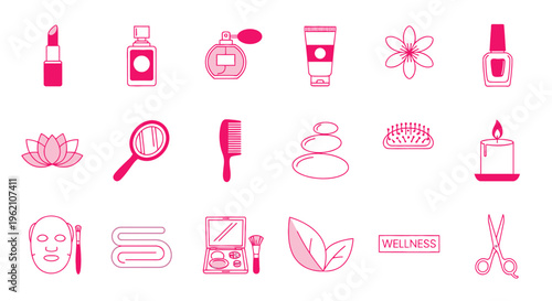 Collection of Beauty and Spa Essentials - Lipstick, Perfume, Lotion, Flowers, Nail Polish, Lotus, Mirror, Comb, Stones, Hairbrush, Candle, Face Mask, Towels, Ma