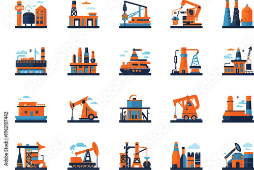 A comprehensive vector illustration set showcasing various industrial facilities, energy production sites, manufacturing plants, and heavy machinery designs for diverse industrial applications.