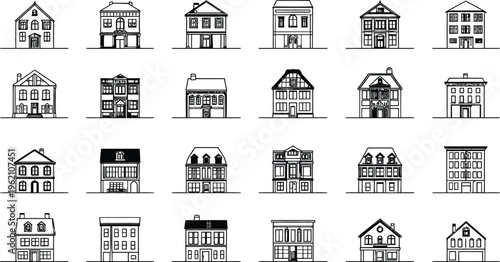 Collection of twenty-four distinct black and white vector graphic illustrations depicting various styles of residential and commercial building facades for urban design projects