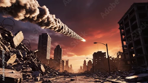 Desolate city ruins at sunset rubble, smoke, and collapsed towers as a fiery meteor trails overhead