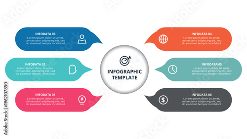 Essential infographic with 6 steps, options, parts or processes. Business data visualization.