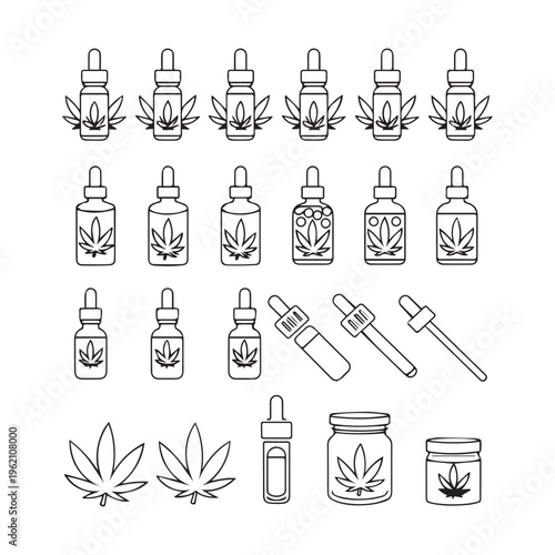 Cannabis Oil Icons Set Marijuana Leaf Dropper Bottle Medical Vector Collection.