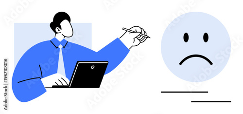 Negative feedback concept. Business professional analyzing negative feedback on a laptop with a sad face icon. Negative feedback communication, reviews, emotions, customer insights. Useful