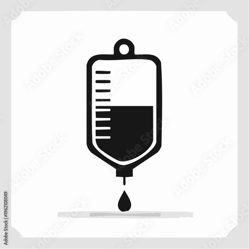 Vector illustration depicts an intravenous fluid bag with a drop of liquid falling from its bottom.