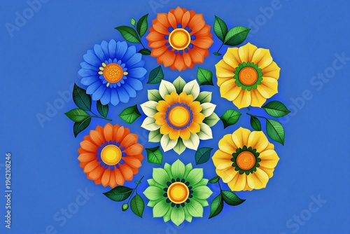 A colorful flower mandala on a blue background. 