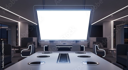 Futuristic conference room with large screen, chairs, and sleek design