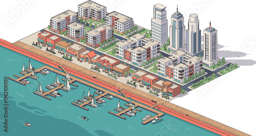 Isometric coastal city landscape with marina, yachts, waterfront boardwalk, and commercial skyscrapers.