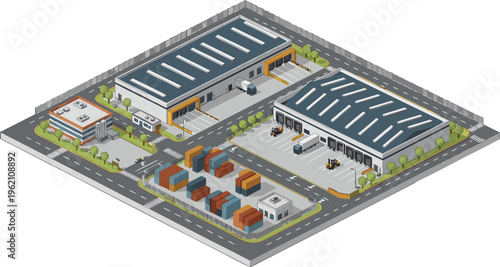 Isometric industrial logistics center with warehouse buildings, loading docks, and cargo containers.