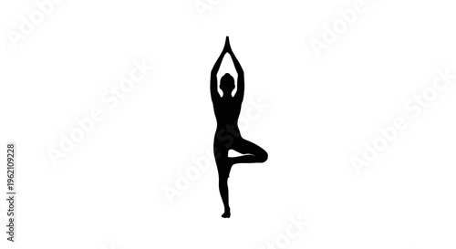 Silhouette of a person doing yoga tree pose against a white background