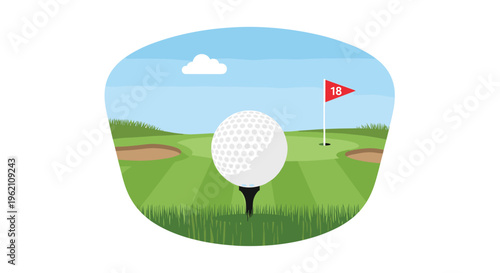 A golf ball on a tee stands on a green golf course with a red flag and a sand bunker under a blue sky.