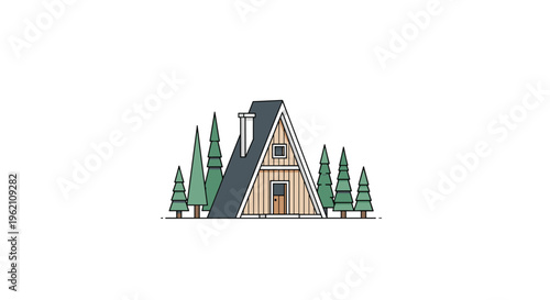 A stylized A-frame cabin with a dark roof and wooden walls is situated among tall green evergreen trees.