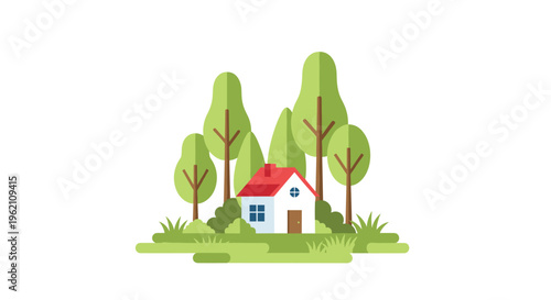 A small house with a red roof is situated among stylized green trees and bushes on a patch of grass.