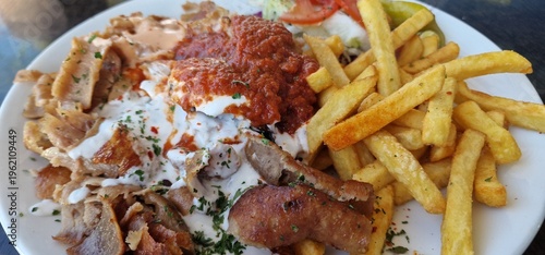 a plate featuring a generous portion of shaved donner meat, golden French fries, red tomato sauce, creamy white sauce, a salad garnish, and sprinkles of fresh parsley and red pepper flakes.