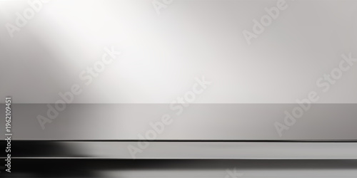 Stainless steel kitchen counter with shiny metallic surface, modern silver table for product display, realistic 3D render with glossy texture and contemporary interior design.