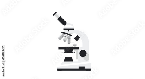 A white and black modern compound microscope with multiple lenses is centrally positioned on a clean white background.