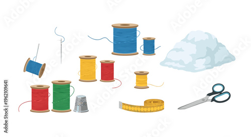 Various sewing tools and materials, including colorful spools of thread, needles, scissors, and a thimble, are spread out on a white background.