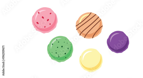 Five distinct, rounded scoops of colorful ice cream, including pink, green, yellow, orange, and purple, are scattered randomly.