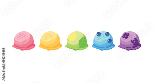 Five distinct scoops of colorful ice cream, including pink, yellow, green, blue, and purple, are arranged horizontally in a row.