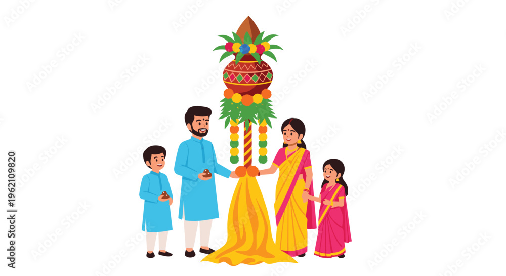 Fototapeta premium A family of four in traditional attire celebrates Gudi Padwa around a decorated Gudi with a kalash and yellow cloth.