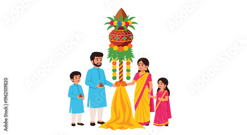 A family of four in traditional attire celebrates Gudi Padwa around a decorated Gudi with a kalash and yellow cloth.