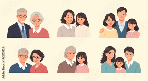 Diverse generational family portrait concept illustrations capturing the essence of loving relationships and intergenerational connections in modern society